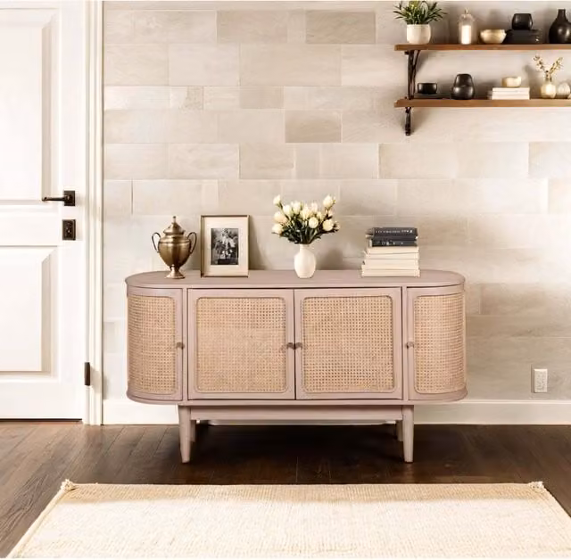 IH Design Berma Mango Wood and Rattan 4 Door Sideboard in Brown and Pink, W/D/H: 140 x 45 x 75 cm
