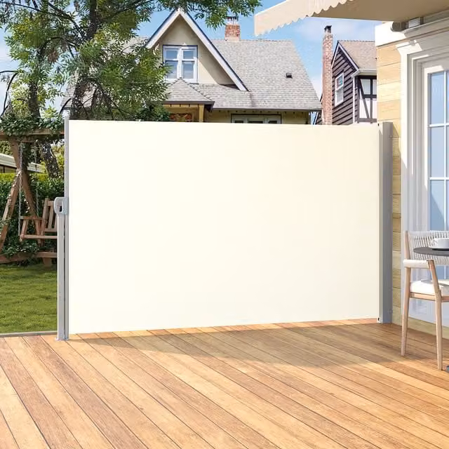 Livingandhome Retractable Garden Fence Side Sunshade Awning in White, Polyester and Steel, Height: 180 cm