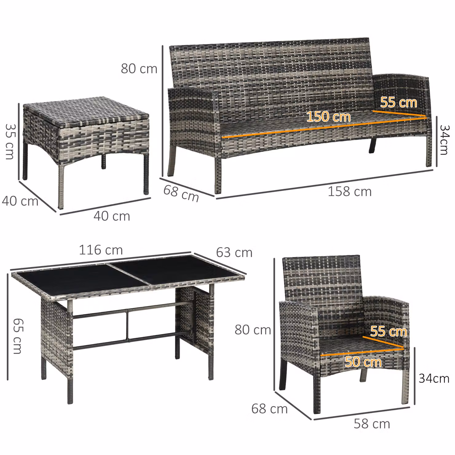 Outsunny 6 Piece Rattan Garden Furniture Set with Cushions in Grey – 3