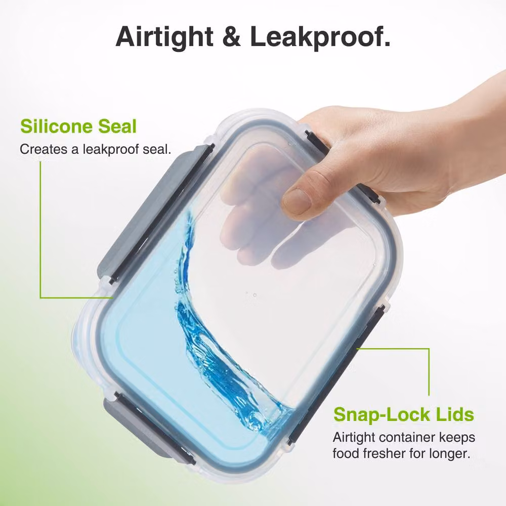 VonShef 3-Piece Glass Meal Prep Lunch Box Set with Airtight Leakproof Snap Lids, 1.5 l per Container, Transparent – 3
