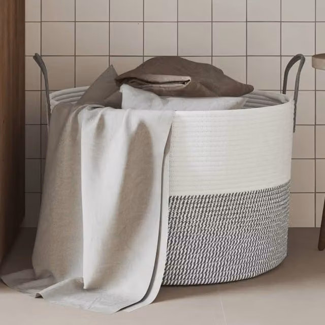 Berkfield Grey and White Open Weave Cotton Storage Basket with Handles, W: 51 cm, D: 33 cm, H: 33 cm