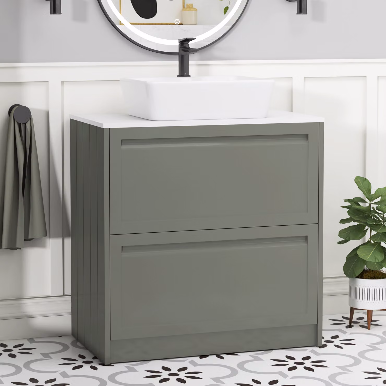 Royal Bathrooms Elmore 800mm Floor Standing Vanity Unit with 2 Drawers, Plain White Worktop and Cube Basin in Matt Green