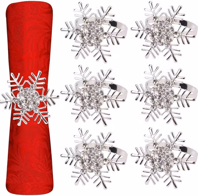 Neel Blue Gold Snowflakes Napkin Rings with Diamante Rhinestones, 6-Piece Silver Metal Set – 1