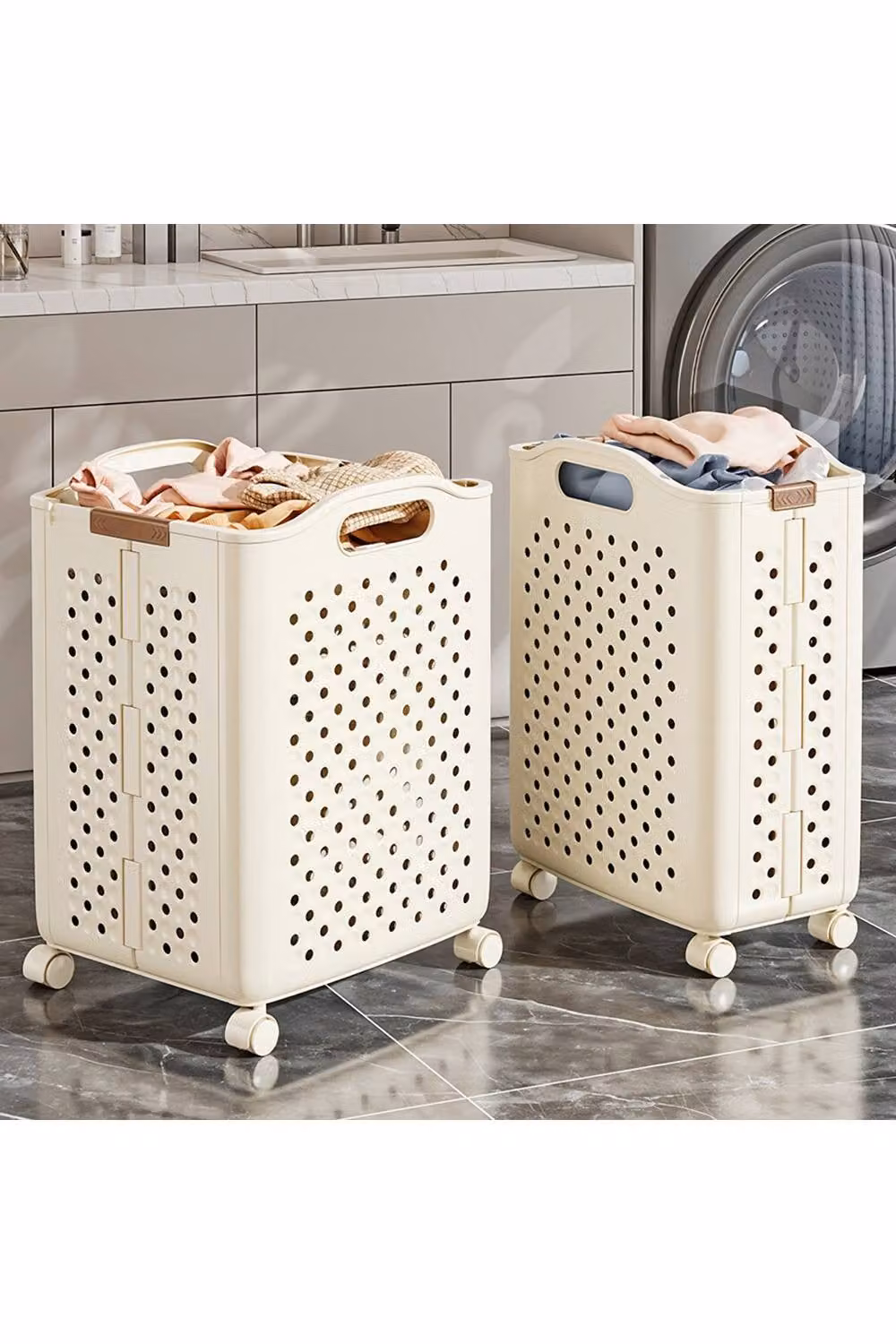 Living and Home Foldable Laundry Basket with Wheels in Beige – 2