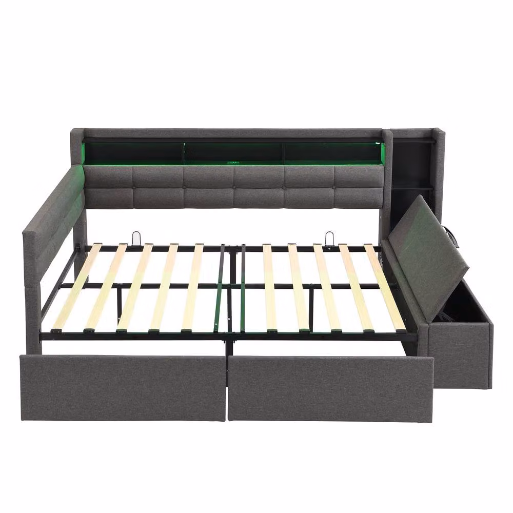 Merax Double Upholstered Storage Bed in Grey with LED Lighting, USB Charging Port and Drawers, W/D/H: 140 x 200 x 149 cm – 6