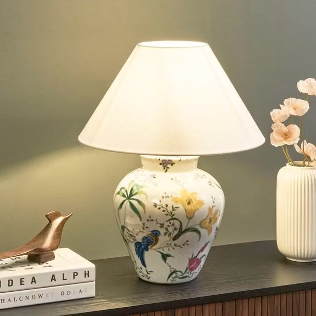 Wyld and Coco White Ceramic Table Lamp with Fabric Shade and Brass Details – 1