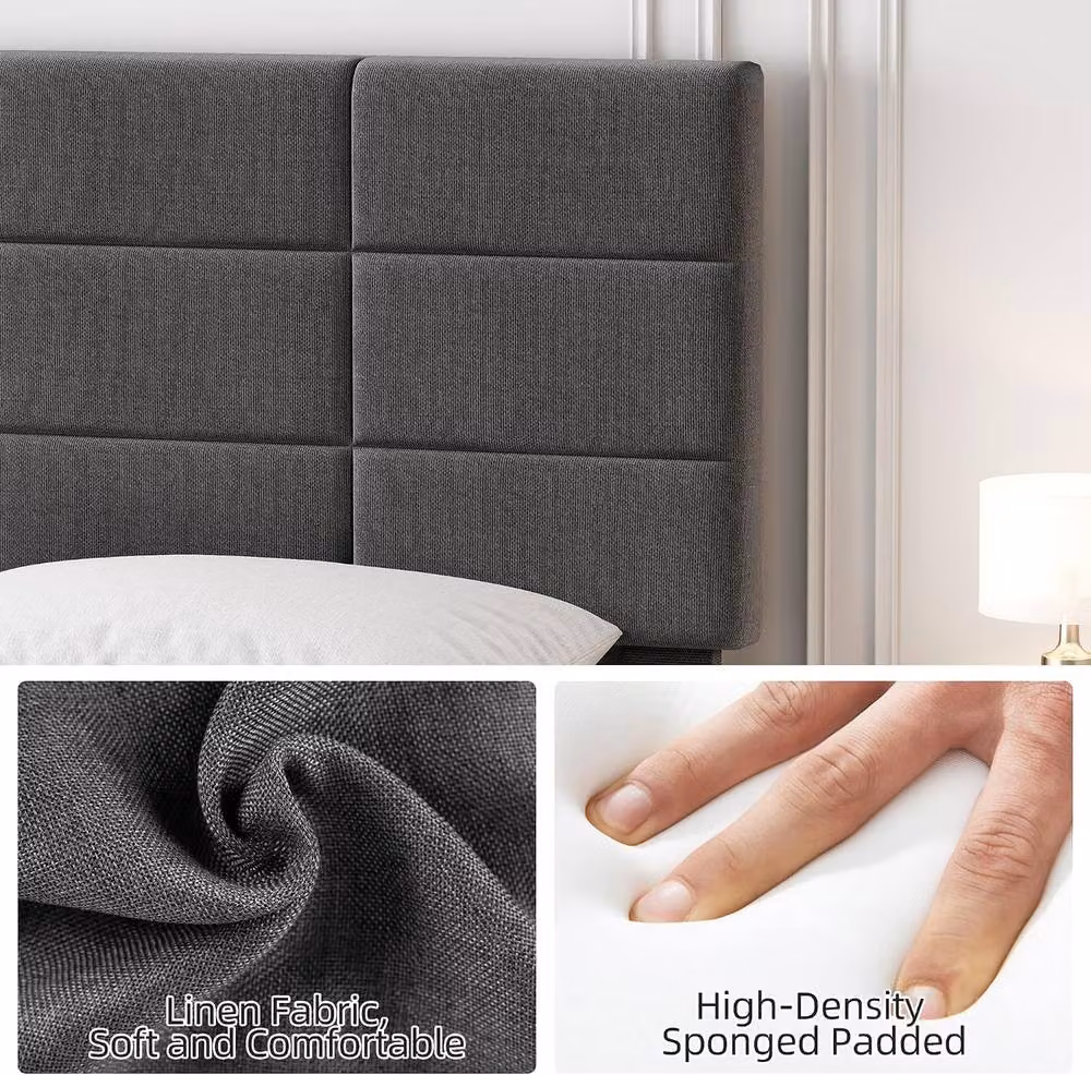 London Boutique Grey Upholstered Linen Platform Bed Frame with Headboard W/D/H: 190 x 135 x 110 cm – 5