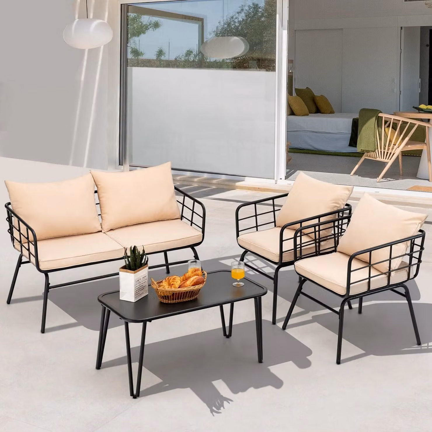 Costway 4 Piece Outdoor Patio Conversation Set in Beige with Upholstered Cushions and Powder Coated Steel Frame – 3
