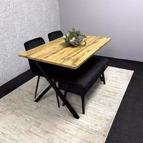 Kosy Koala Modern Dining Table Set with Padded Bench and Black Velvet Chairs, Wood Effect Tabletop with X-Shaped Metal Legs