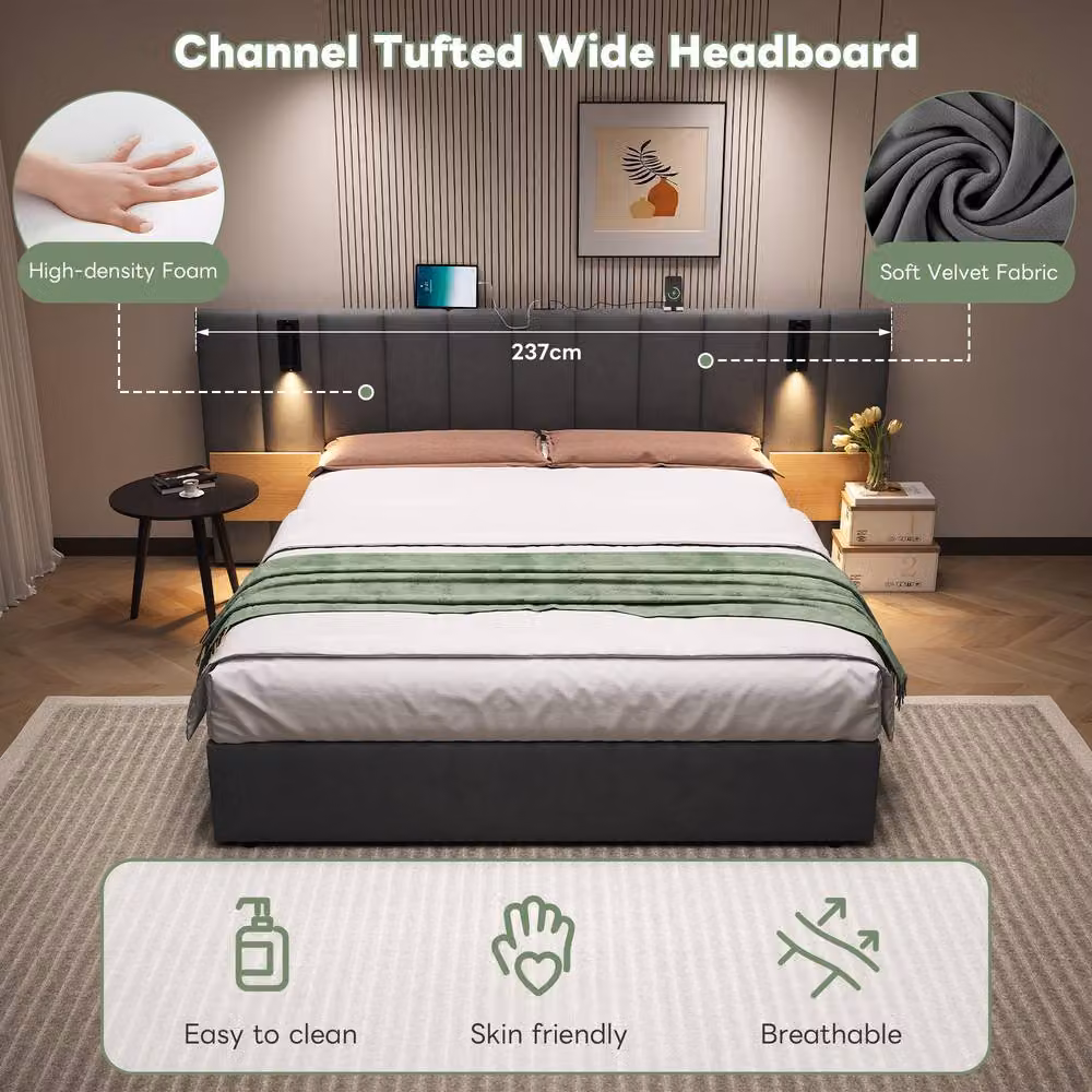 Matteo King Upholstered Velvet Bed in Grey with USB Charging Port, Integrated Reading Light and Hydraulic Storage W/D/H: 180 x 200 cm – 3