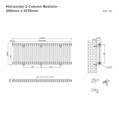 Lux Heat Black Horizontal 2 Column Traditional Steel Radiator, W: 137 cm, H: 50 cm – 3