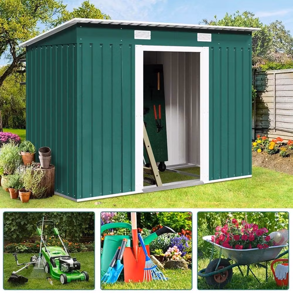 NESTLUNE Green Metal Garden Storage Shed with Double Sliding Doors – 3
