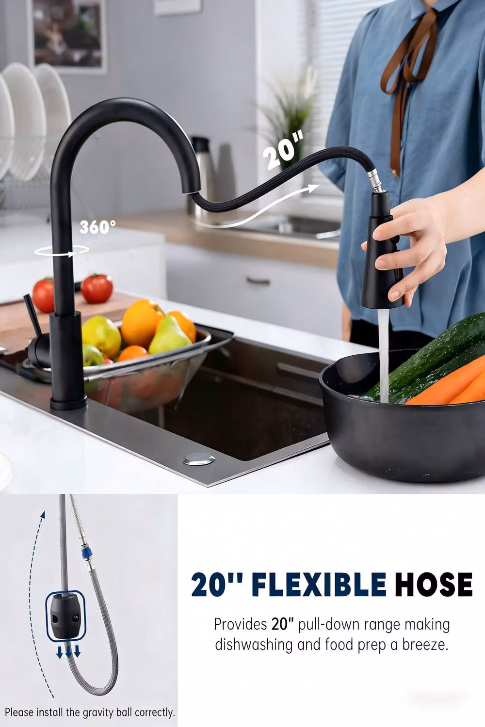 JANLEMNY Matt Black Stainless Steel Kitchen Mixer Tap with Single Lever and Pull-Out Sprayer Spout – 4
