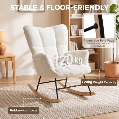 HOMCOM Bouclé Rocking Chair with Armrests in White and Beige, W/D/H: 66 x 90 x 90 cm – 4