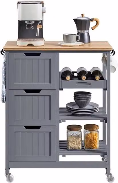 KORVIXA Rolling Kitchen Cart Island with 3 Shelves, Grey, W/D/H: 100 x 15 x 84.5 cm – 1
