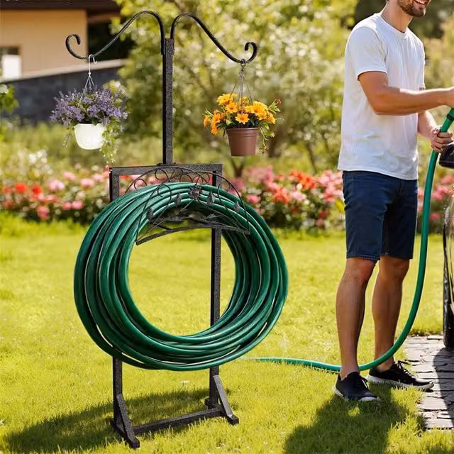 EONLION Freestanding Portable Garden Hose Holder with Storage Shelf in Black – 1