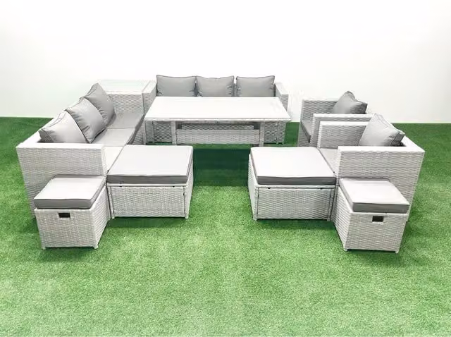 Fimous 12-Seater Rattan Garden Dining and Lounge Set in Light Grey with Dark Grey Fabric