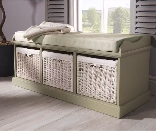 Tetbury Bench with 3 White Rattan Baskets in Sage Green, W/D/H: 112 x 40 x 46 cm