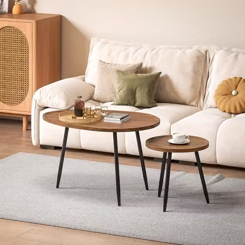 HOMCOM Nesting Coffee Table Set of 2 in Chestnut Wood Effect with Round Tops – 7