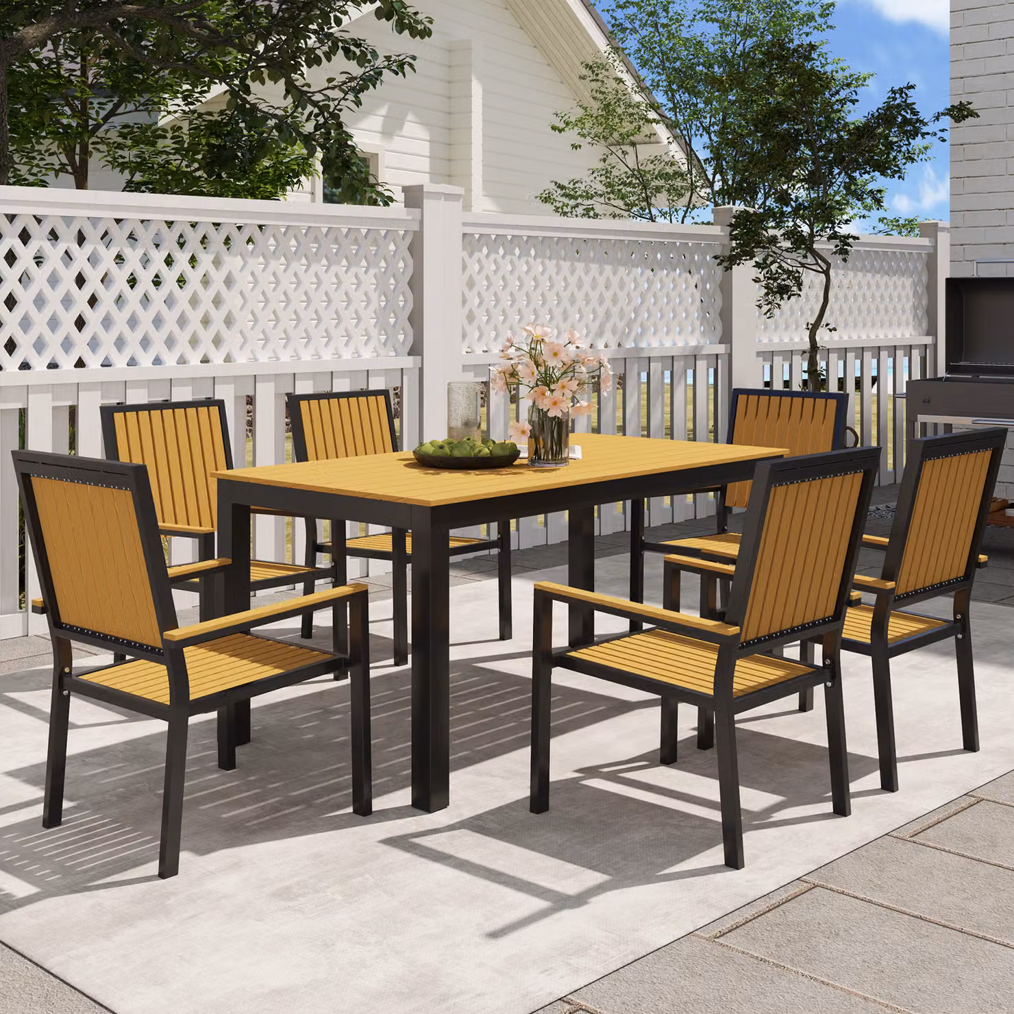 Outsunny 6 Seater Garden Dining Set with Rectangular Composite Table and Stackable Powder Coated Aluminium Chairs in Brown – 2