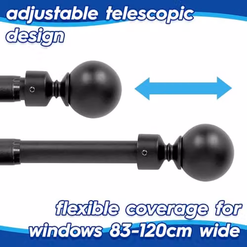 Harbour Housewares Extendable Metal Ball Curtain Pole Kit, Matt Black, 2 Pack, W: 83 to 120 cm – 4