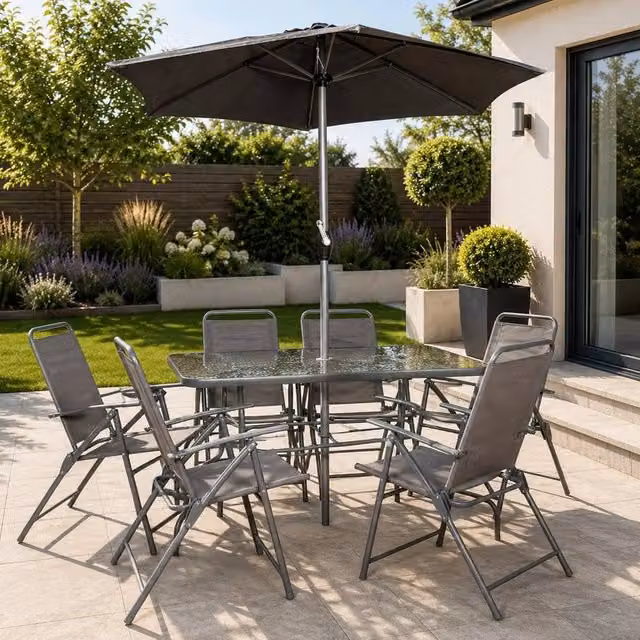 NESTLUNE Samuel Alexander 6 Seater Modern Glass Top Table and Chairs Set in Grey – 1