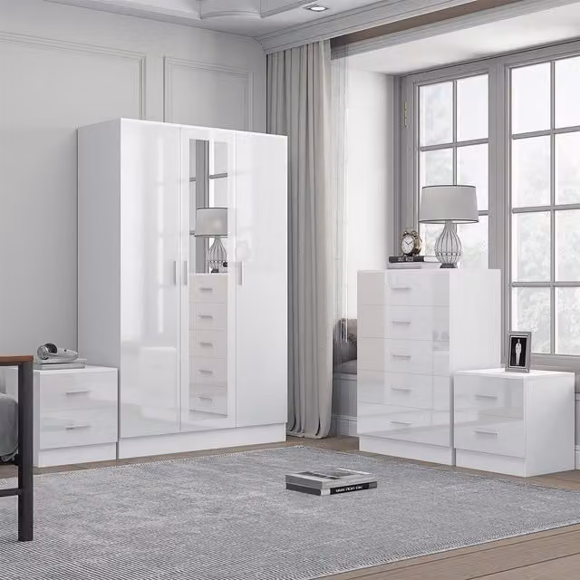 REFLECT Bedroom Furniture Bundle including 3-Door Mirror Wardrobe, Chest of Drawers and 2 Bedside Tables in White Gloss and Matt White