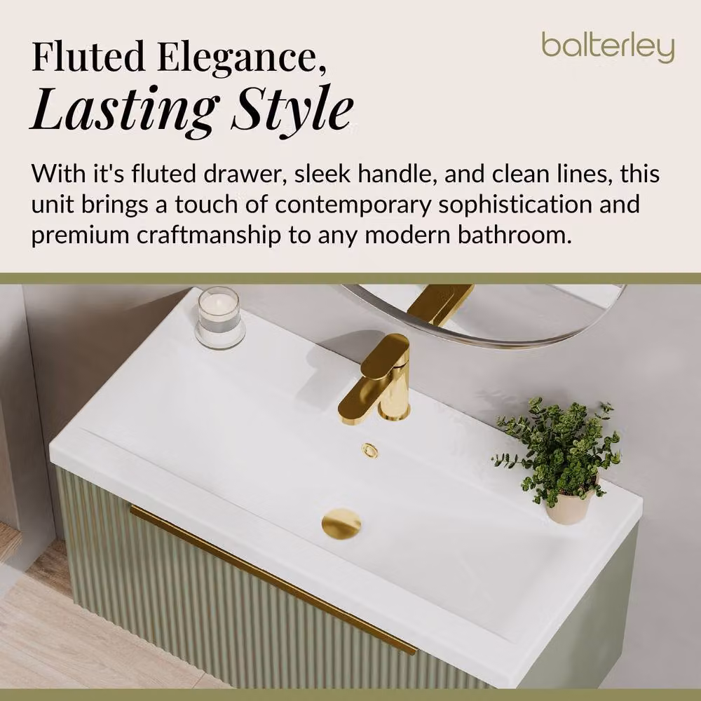 Balterley Fluted Front Wall Hung 1 Drawer Vanity Basin Unit, Satin Green, W: 80 cm – 2