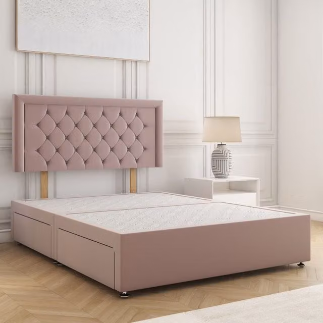 BSSPOKE Nova Plush Velvet Divan Bed with 24 inch Headboard and 4 Drawers, Pink, W/D/H: 140 x 200 cm