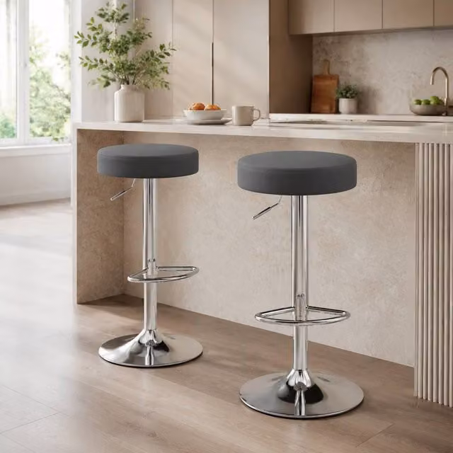 STILVORA Set of 2 Grey Synthetic Leather Bar Stools with Swivel and Gas Lift