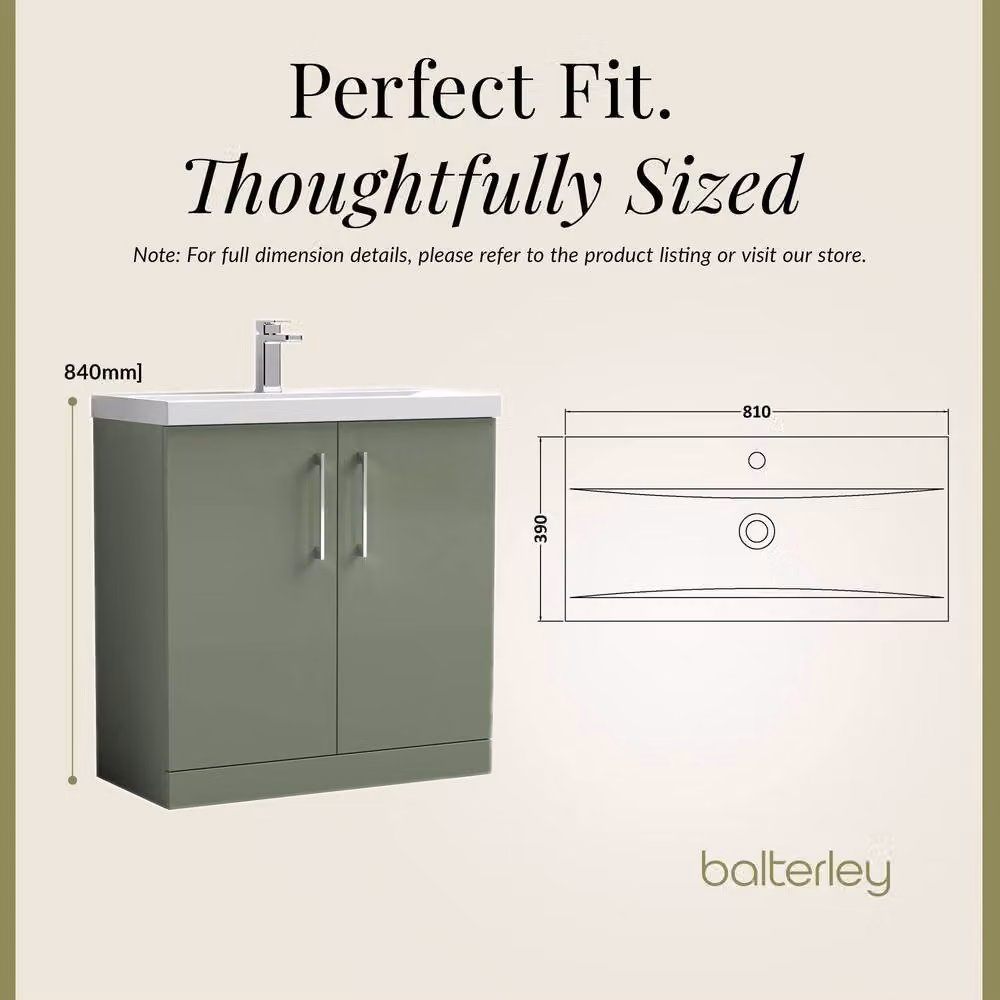 Balterley Contemporary Floor Standing Bathroom Vanity Unit with Mid-Edge Basin and 2 Soft-Close Doors, Satin Green, W: 80.0 cm, D: 39.0 cm, H: 84.0 cm – 4