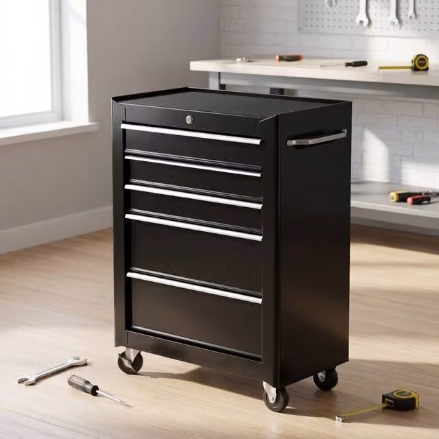 STILVORA Black Steel Tool Chest with 5 Lockable Rollable Drawers – 1