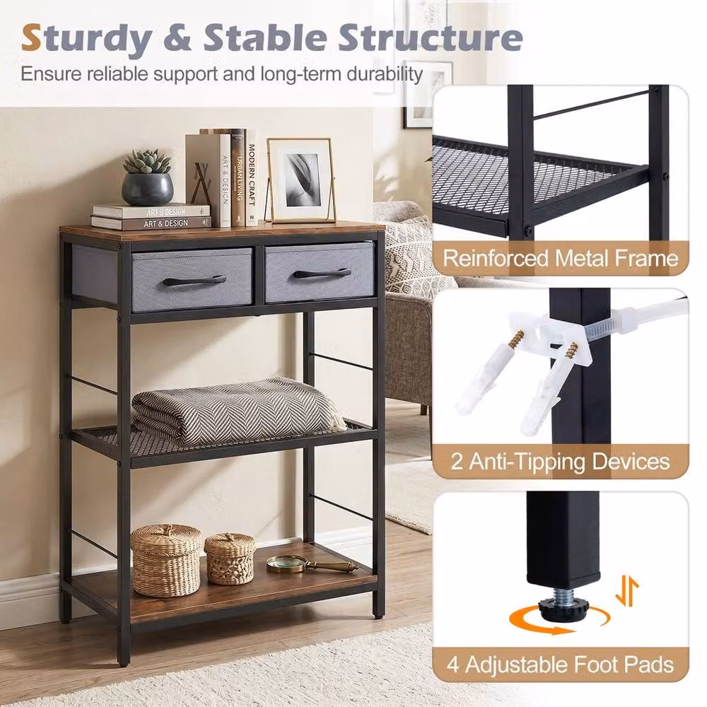 VOGREX Narrow 3-Tier Industrial Console Table with 2 Fabric Drawers in Brown – 3