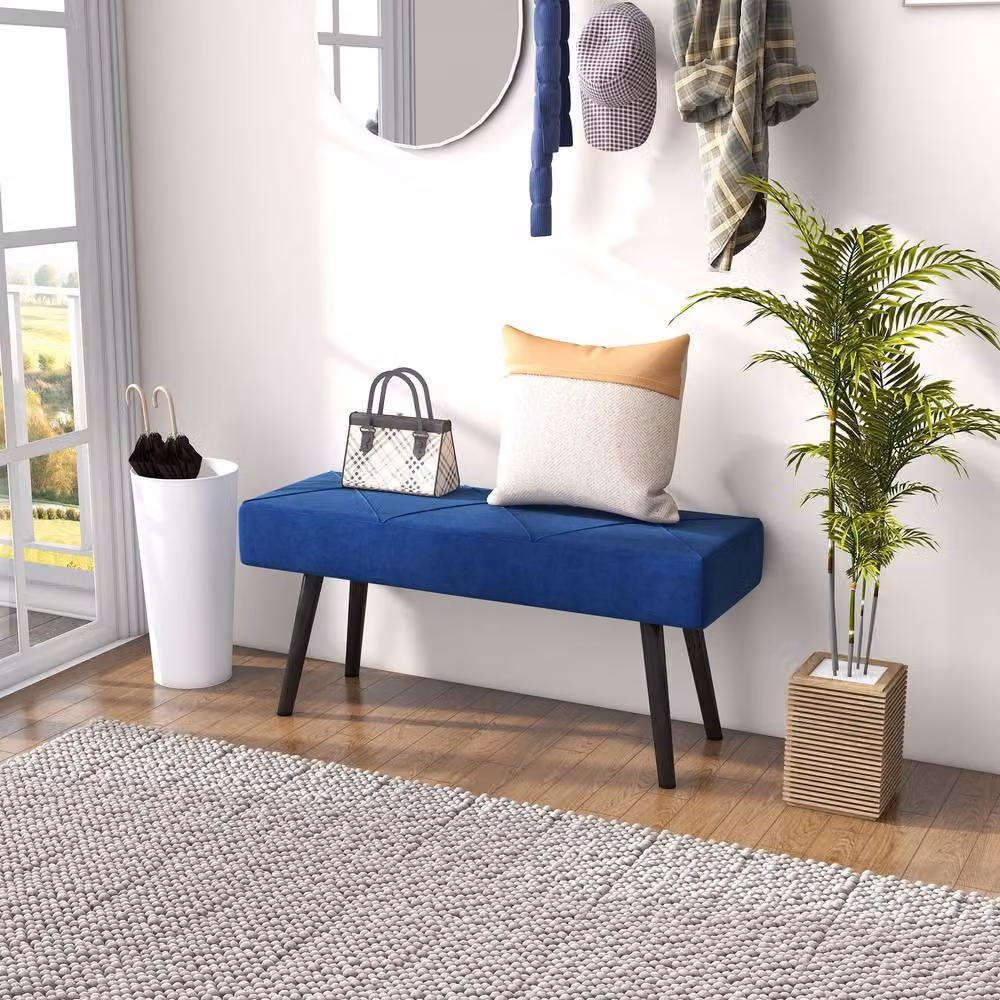 STILVORA Blue Velvet Upholstered Bench with Metal Legs – 3