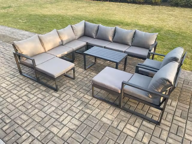 Fimous Modern L-Shape Aluminium Outdoor Garden Furniture Set in Dark Grey with Corner Sofa, Coffee Table and Two Ottomans
