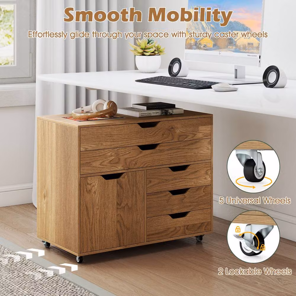 Gymax Mobile Chest of Drawers and Lateral File Cabinet with Printer Stand and Doors in Natural Wood Finish – 4