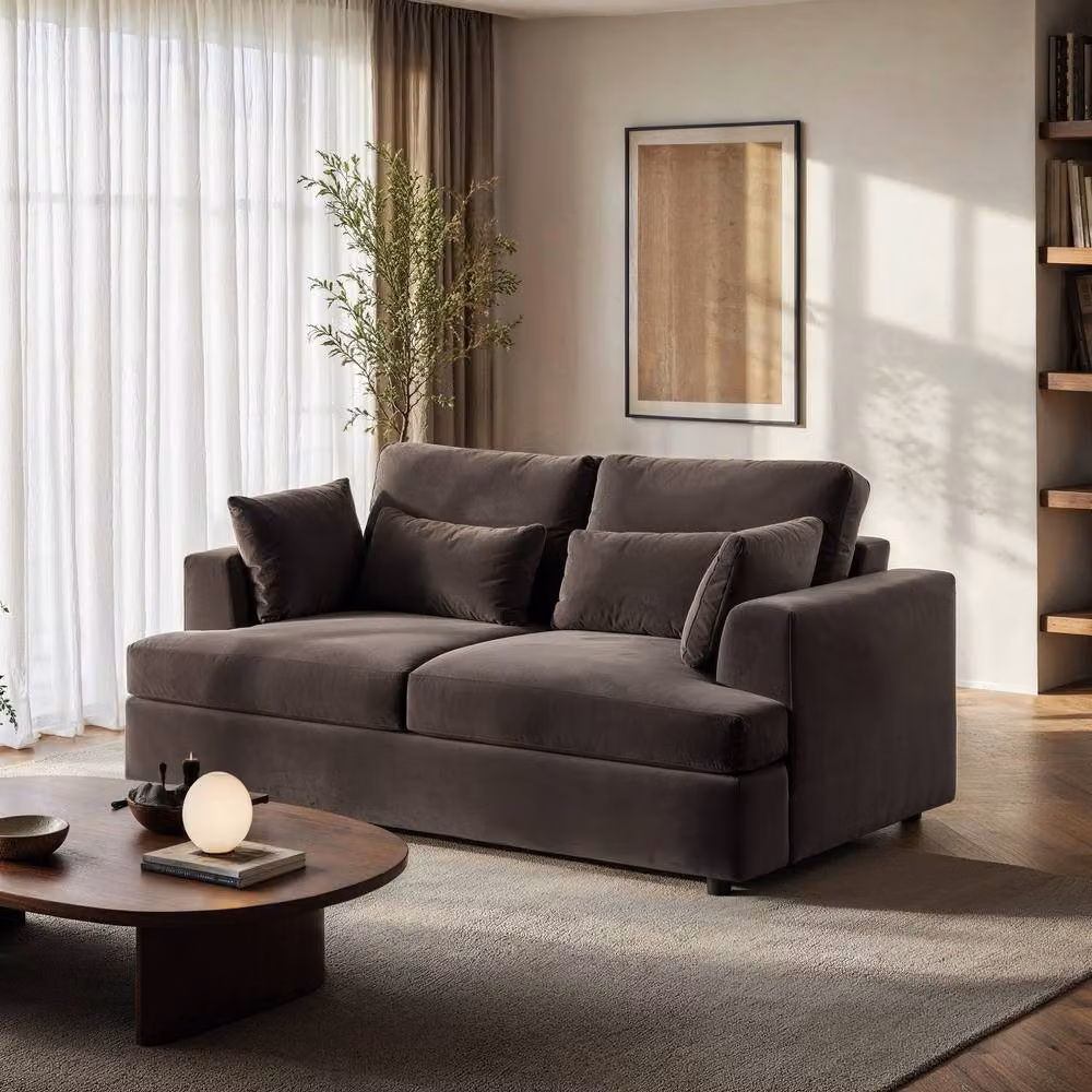 Solace+Co Drew 2 Seater Brown Velvet Sofa with Scatter Cushions and Removable Covers – 2