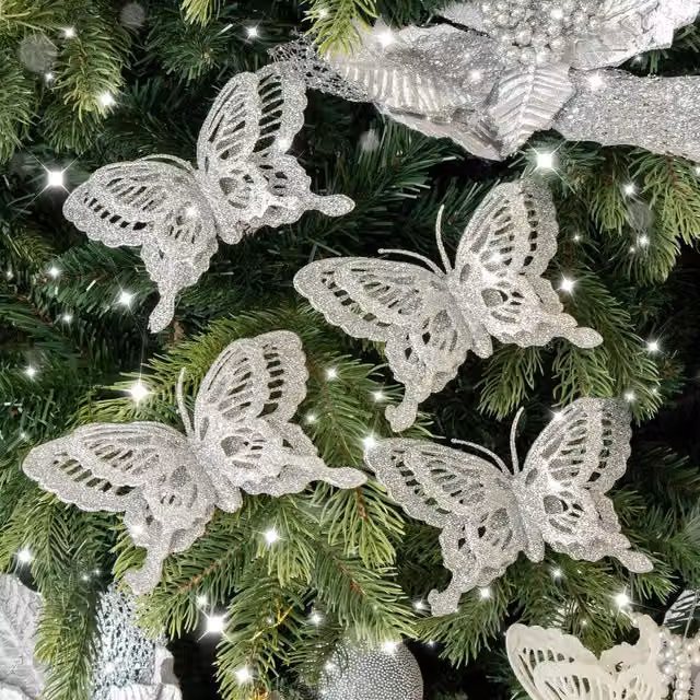Melody Maison Set of 4 Gold and Silver Glitter Butterfly Christmas Decoration Clips