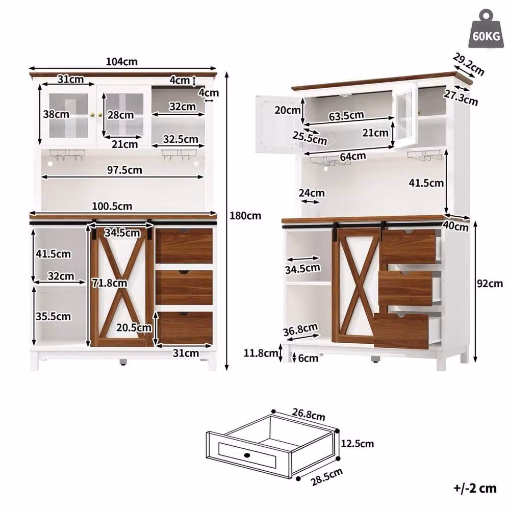 KORVIXA Modern Tall Kitchen Cupboard with Sliding Glass Doors, White and Multicolour, W: 100 cm – 2