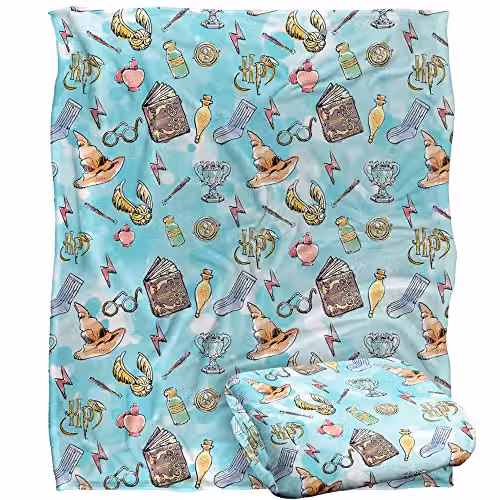 Warner Brothers Harry Potter Water Colour Pattern Fleece Throw Blanket, White and Multicolour, W/D/H: 152 x 127 cm