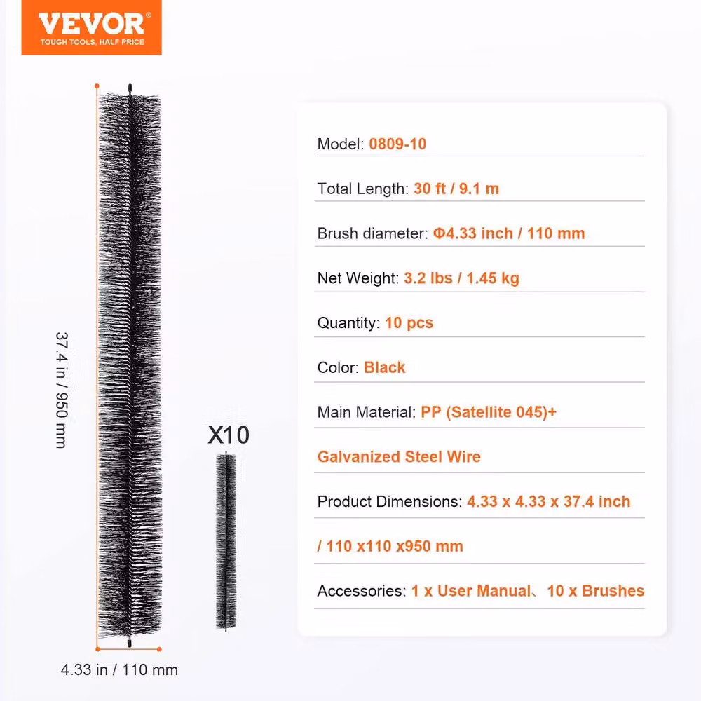 VEVOR 10 Pack Durable Black Gutter Brushes with Galvanised Steel and Polypropylene – 2