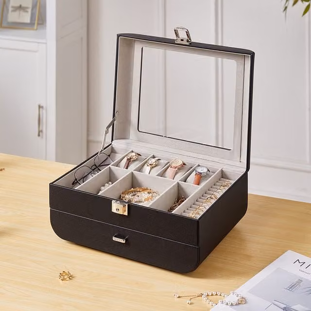 Livingandhome Solid Leather Jewellery Storage Box with Lid in Black