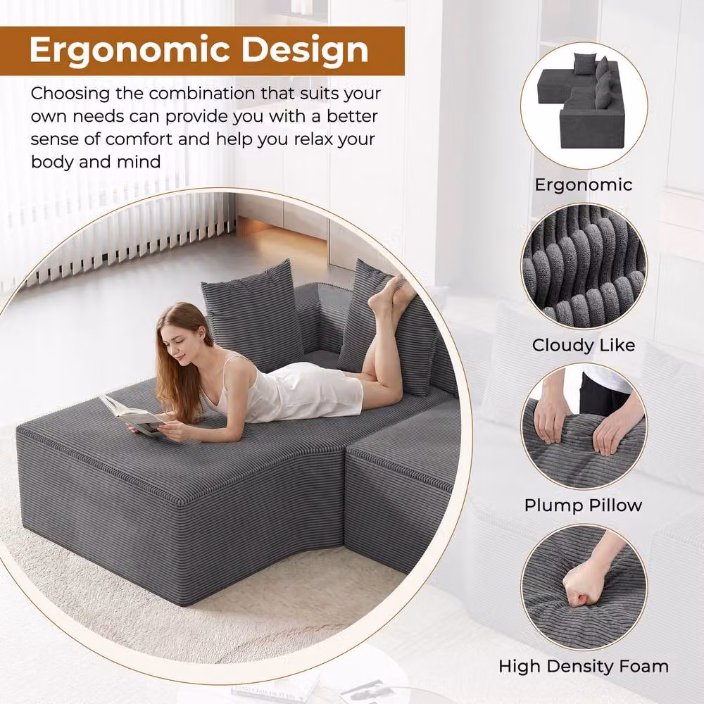 Dprodo Grey Corduroy Left-Facing L-Shaped Modular Sofa with Scatter Cushions – 6