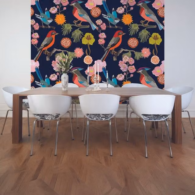 Origin Murals Modern Floral Birds Wall Mural in Yellow and Multicolour