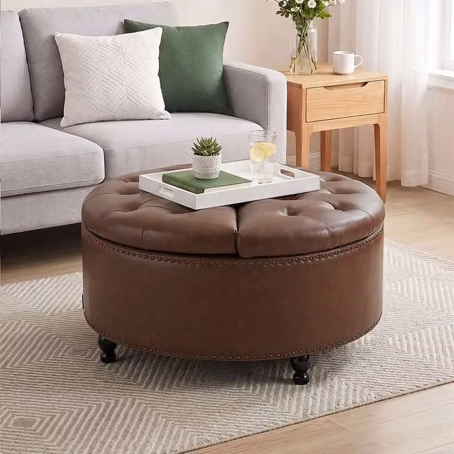 Livingandhome Round PU Leather Lift-Top Storage Ottoman with Reversible Lid in Brown