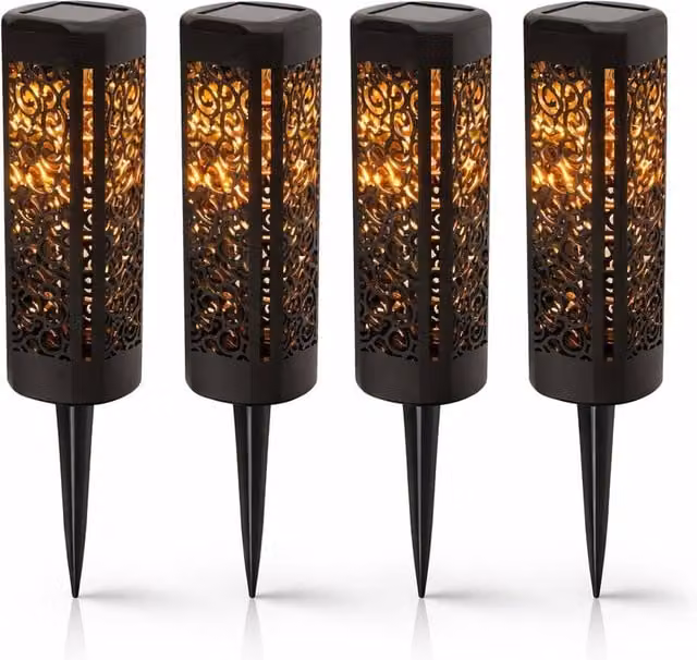 Gardenwize Pack of 4 Solar Powered LED Garden Path Lights in Black with Warm White Light and Dusk Sensor – 1