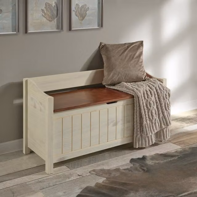 Mercers Furniture Rustic Pine Cottage Storage Bench in Black and White, W/D/H: 107 x 42 x 59 cm