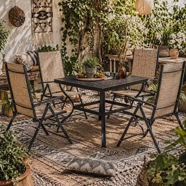 Wyld Haus Yodiro 4 Seater Patio Dining Set in Khaki and Black with Powder Coated Steel and Texteline