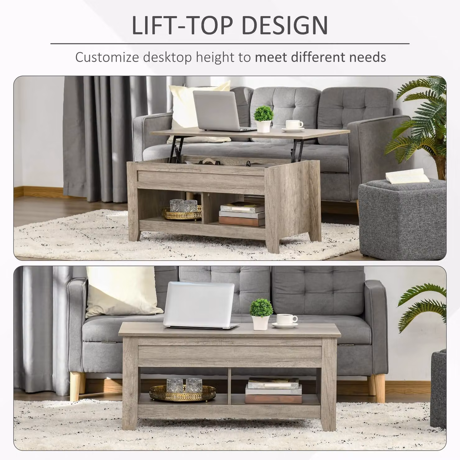 HOMCOM Modern Rectangular Lift Top Coffee Table with Hidden Storage and Open Shelf in Brown, W/D/H: 105.0 x 62.5 x 45.0 cm – 4