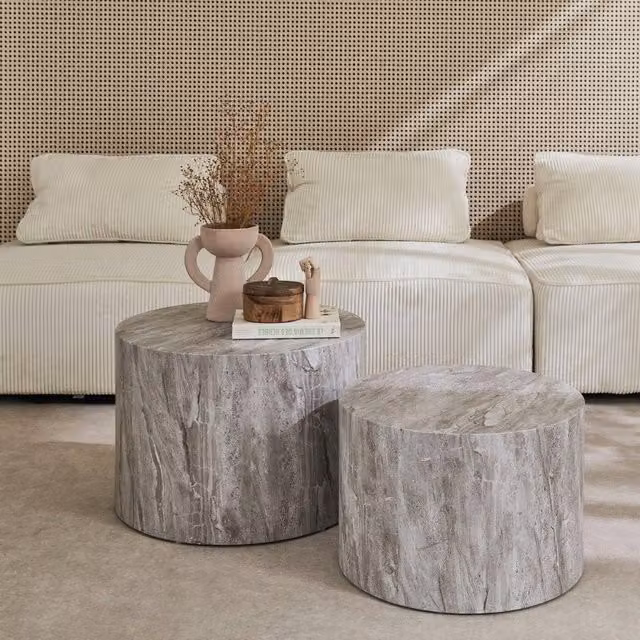 sweeek Pair of Round Marble-effect Nesting Coffee Tables in Grey